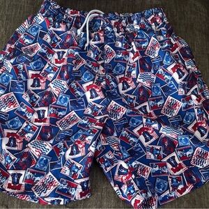 VTG Islander Blue and Red Americana Patterned Men's M Athletic Swim Trunk Shorts